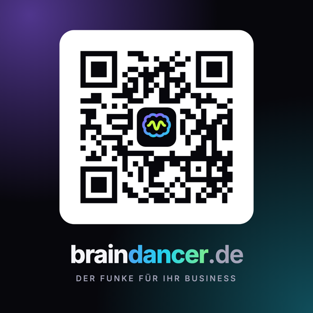Braindancer-Aufkleber mit QR-Code zu braindancer.de, Logo und Slogan „Der Funke für Ihr Business“